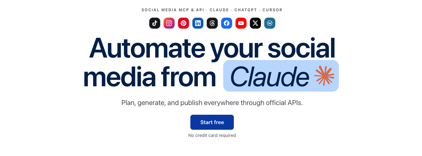 ViralFarm social media scheduling API and MCP landing page — create, schedule, and publish to every platform with AI