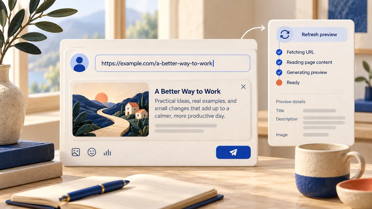 Illustration of a social post composer with a pasted web link, a rich preview card, and a refresh/debug panel beside it.