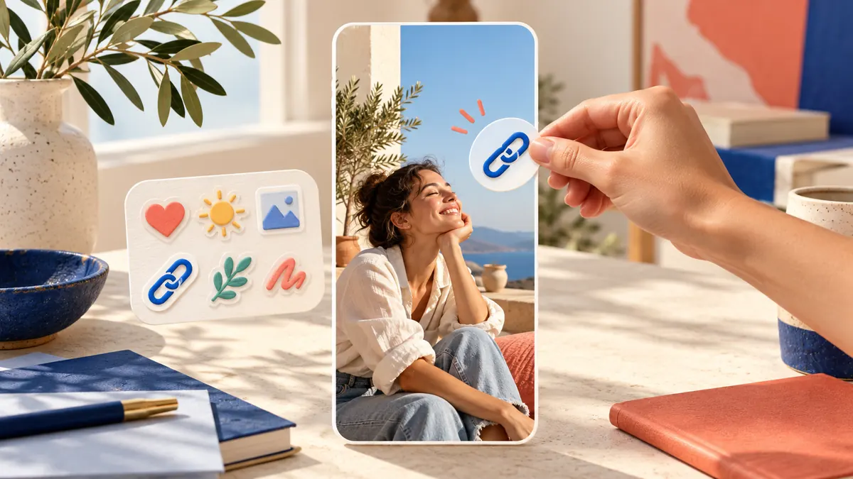 Illustration of a vertical Story canvas with a link sticker being placed over a lifestyle photo.