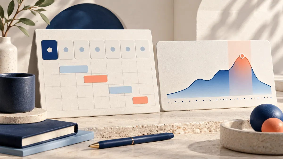 Illustration of Monday selected on a weekly calendar beside an hourly follower-activity chart peaking later in the day.