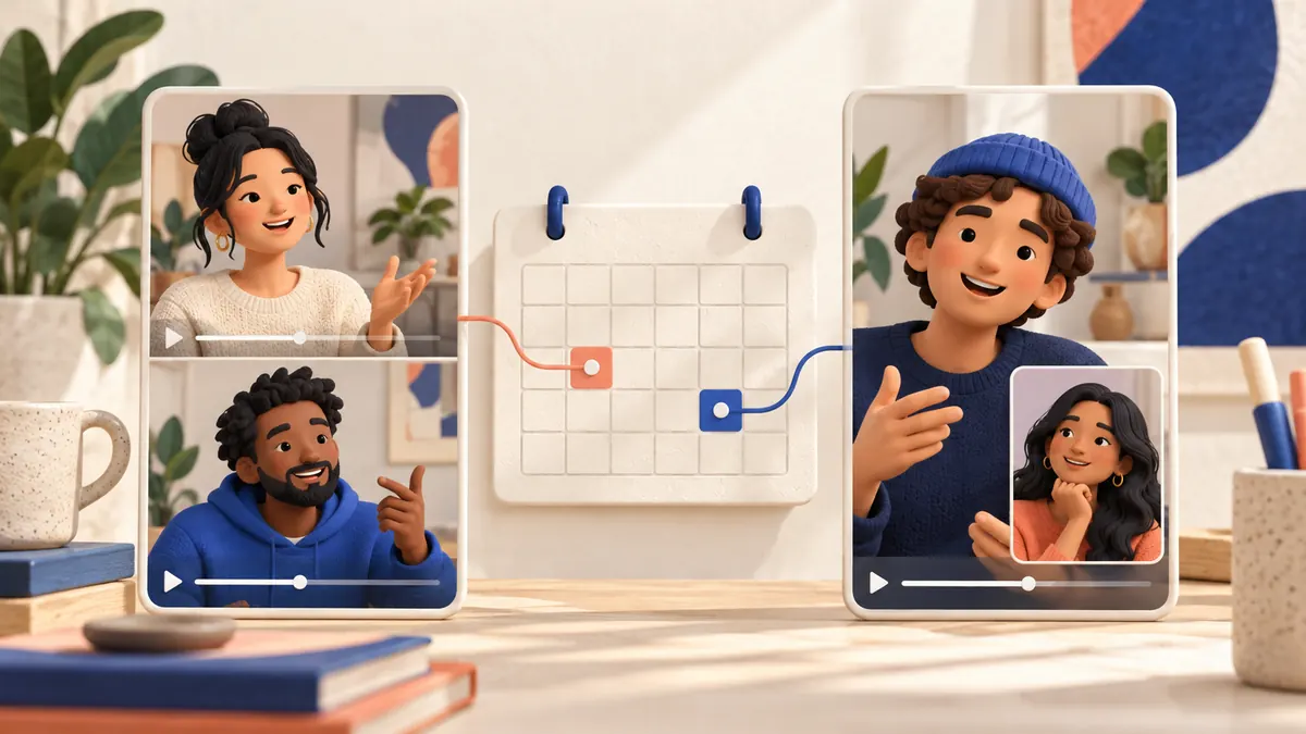 Illustration of two creators’ vertical video cards arranged side by side and connected to a shared publishing calendar.