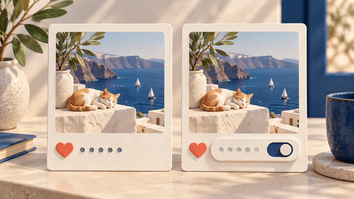 Illustration of two matching social post cards, one with a visible heart count row and one with the count gently concealed.
