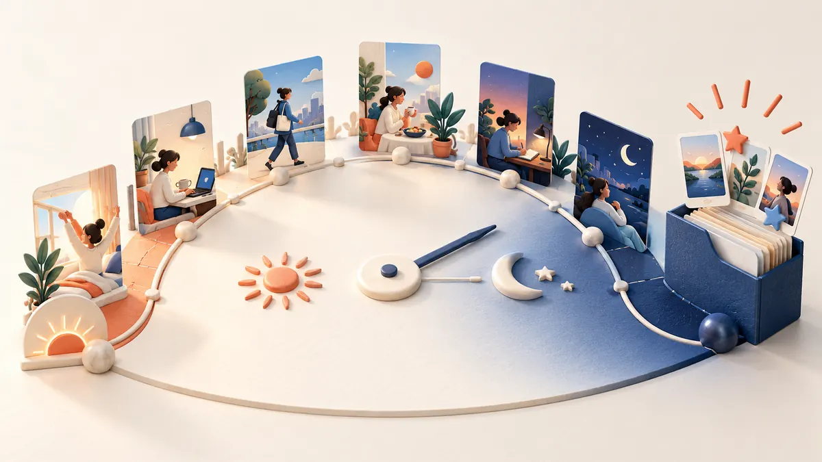 Illustration of a vertical Story card moving through a circular day-and-night timeline into an archive collection.
