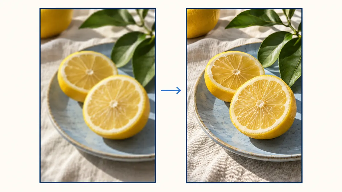 Illustrative side-by-side comparison of a soft lemon photo on the left and a sharper version on the right.