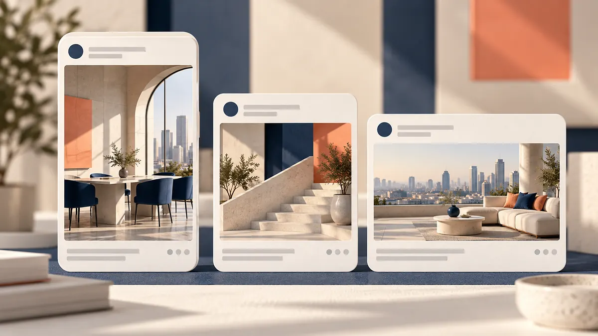 Illustration comparing portrait, square, and landscape professional post images in a mobile feed.