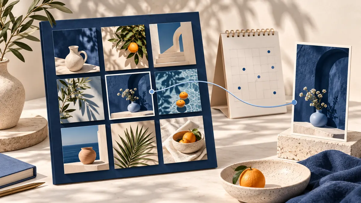 Illustration of a nine-image social media planning grid connected to a selected post beside a publishing calendar.