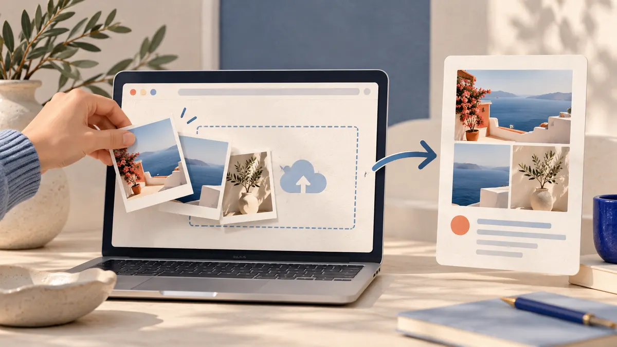 Illustration of a desktop browser uploader receiving several photo cards and sending them to a finished social post.
