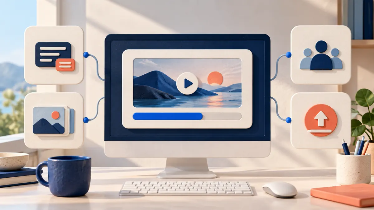Illustration of a desktop video uploader connected to caption, thumbnail, audience, and publishing controls.