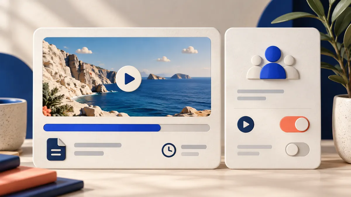 Illustration of a video upload card with progress, duration and file controls beside a separate viewer autoplay toggle.