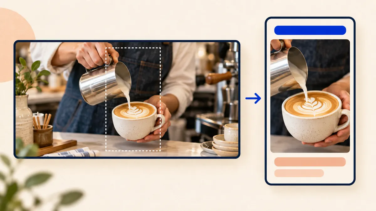 Illustration of a landscape coffee-making video reframed vertically, keeping the cup and pouring action in view.