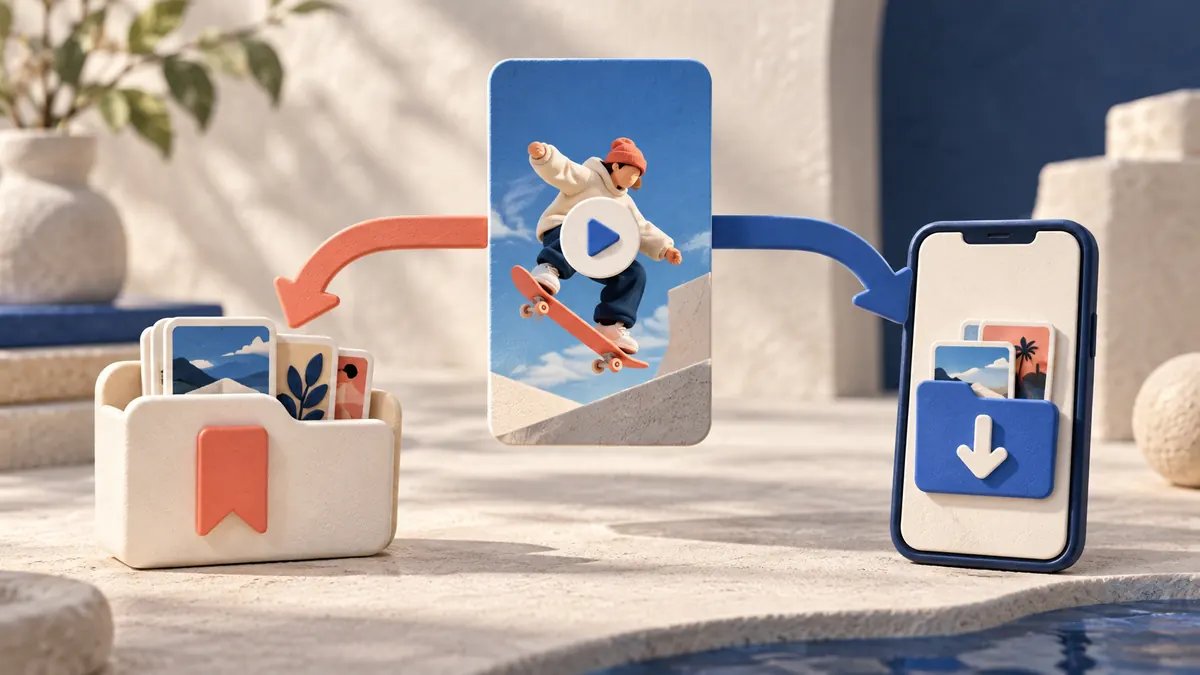 Illustration of a vertical Reel card branching to a bookmark collection and a phone download folder.