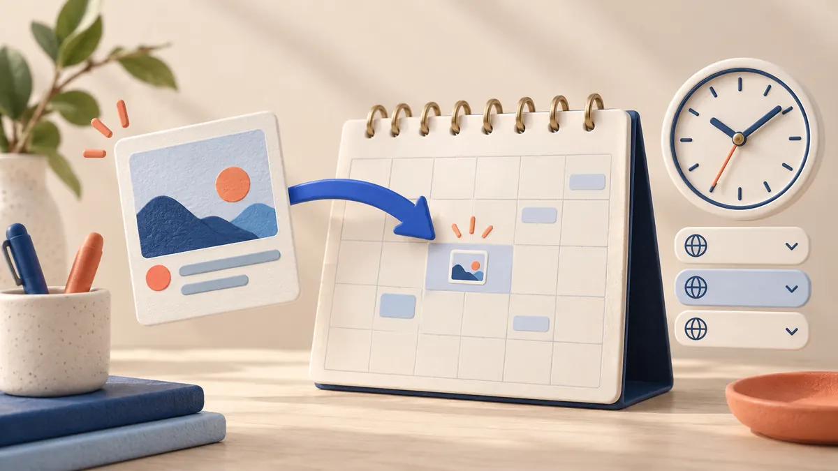 Illustration of a prepared social post moving onto a monthly calendar with date and time controls.