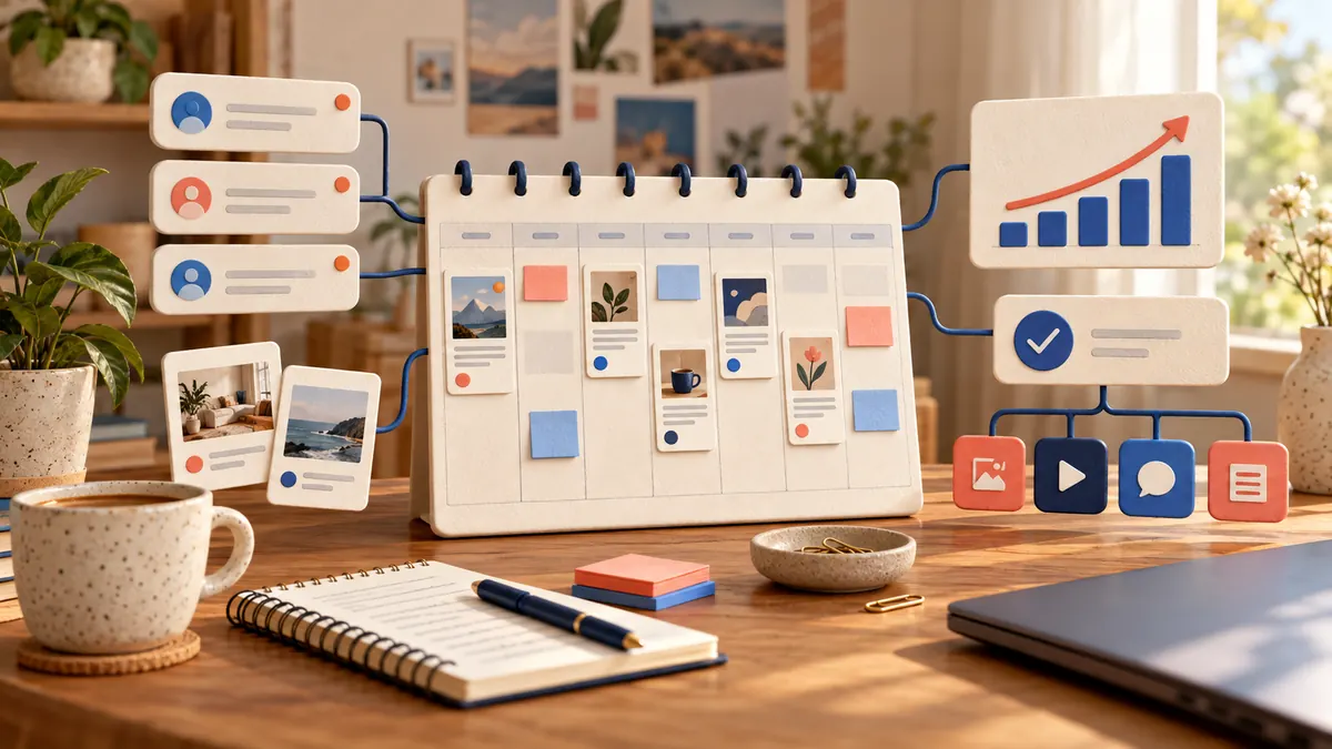 Illustration of a small business workspace coordinating posts, messages, analytics, approvals, and multiple channels.