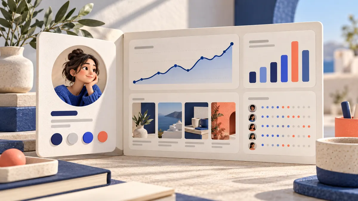 Illustration of a creator profile opening into an analytics dashboard with reach, engagement, and follower activity charts.