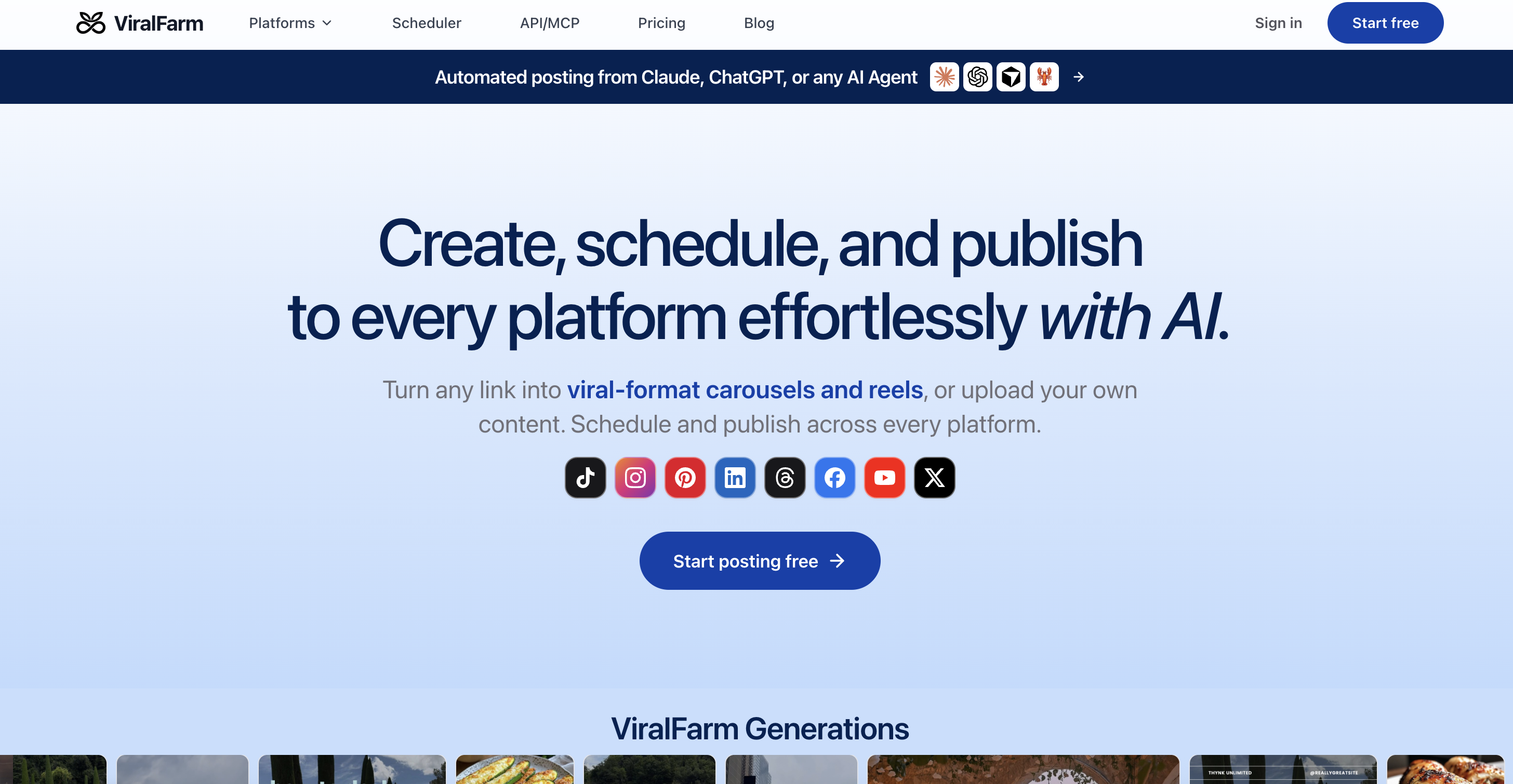 ViralFarm social media scheduling API and MCP landing page — create, schedule, and publish to every platform with AI